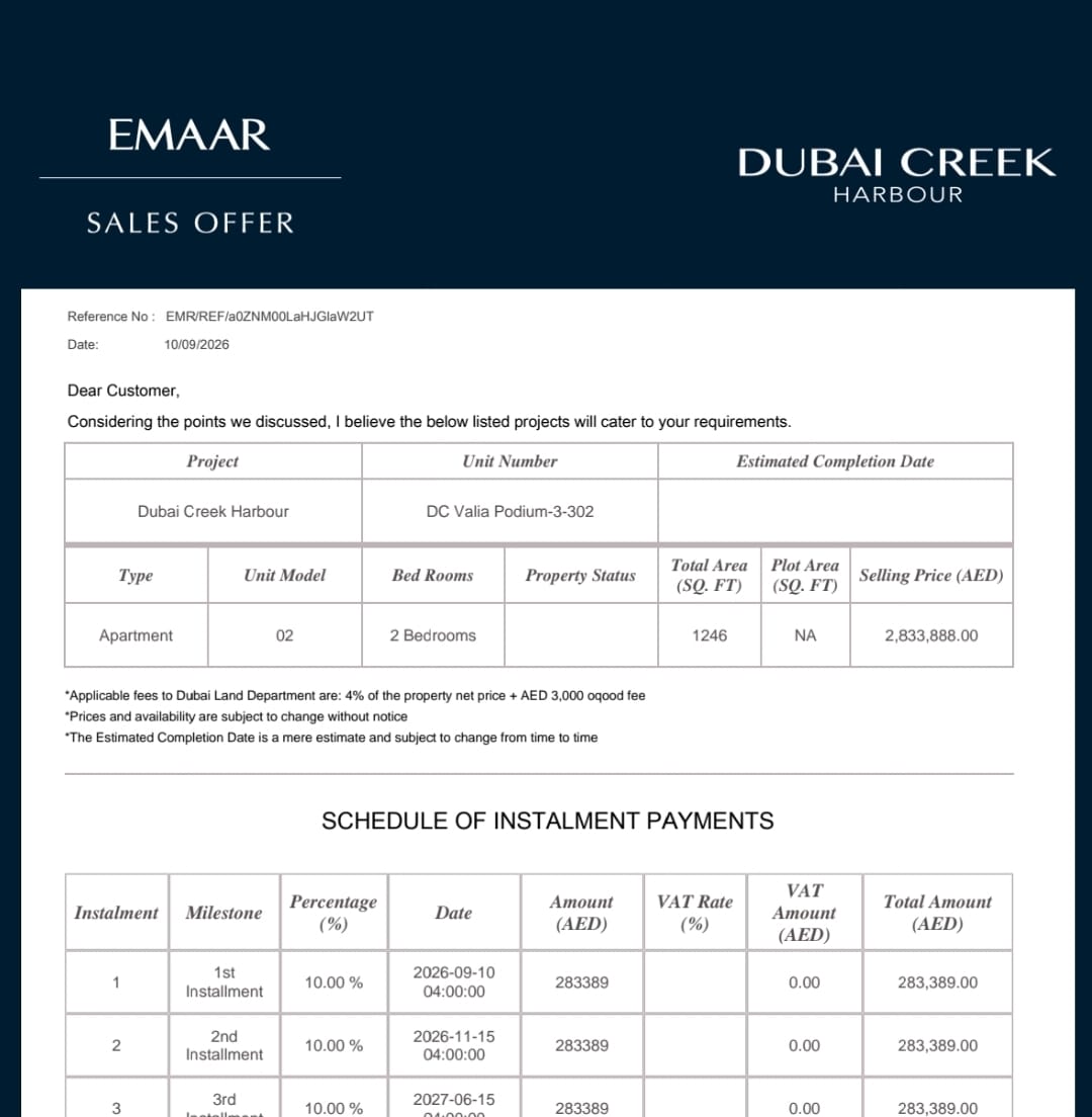 Valia cost sheet and payment plan